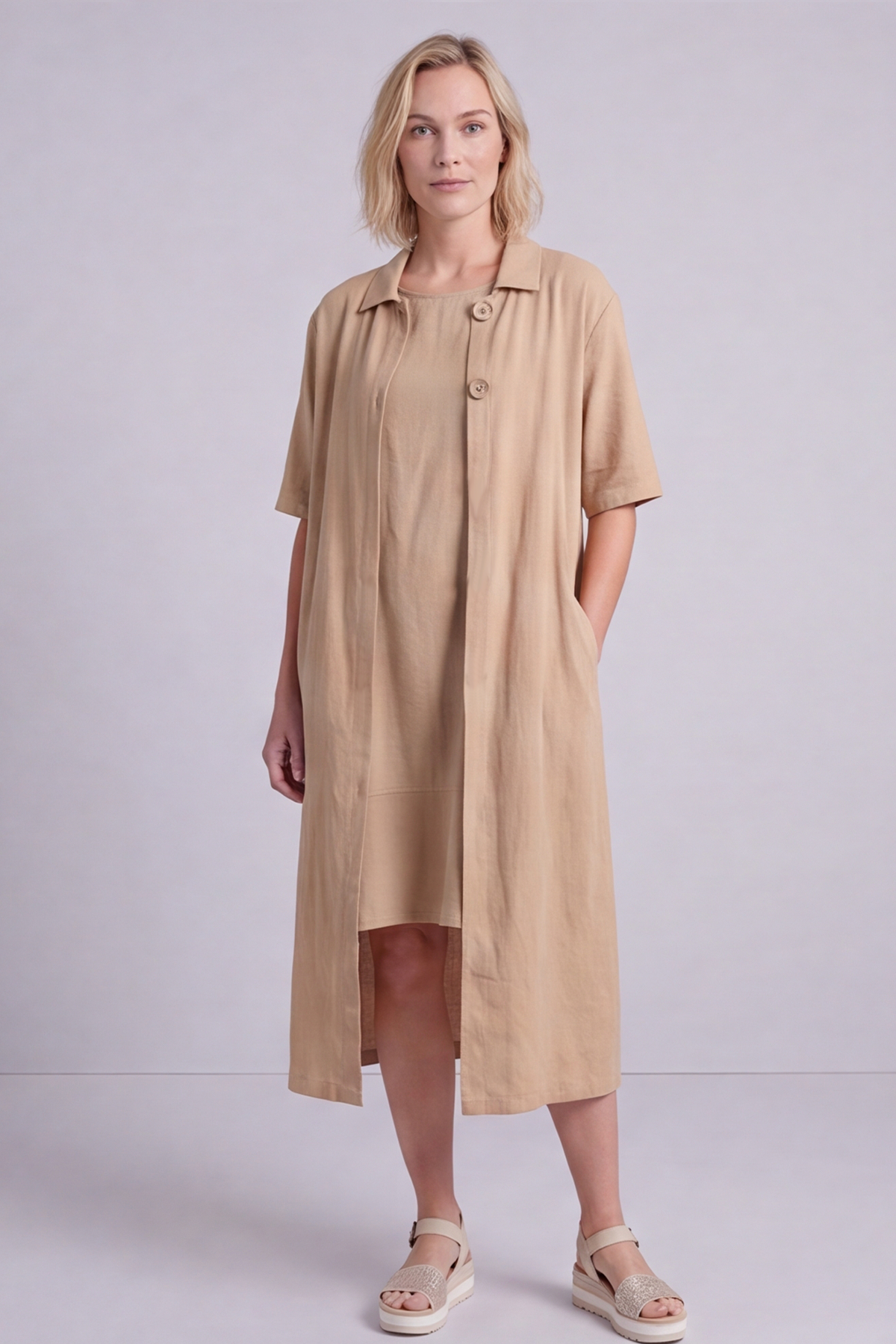 Pauline Linen 2 Piece Cardigan and Dress Set Camel