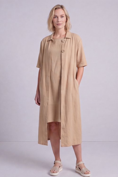 Pauline Linen 2 Piece Cardigan and Dress Set Camel - Image 3