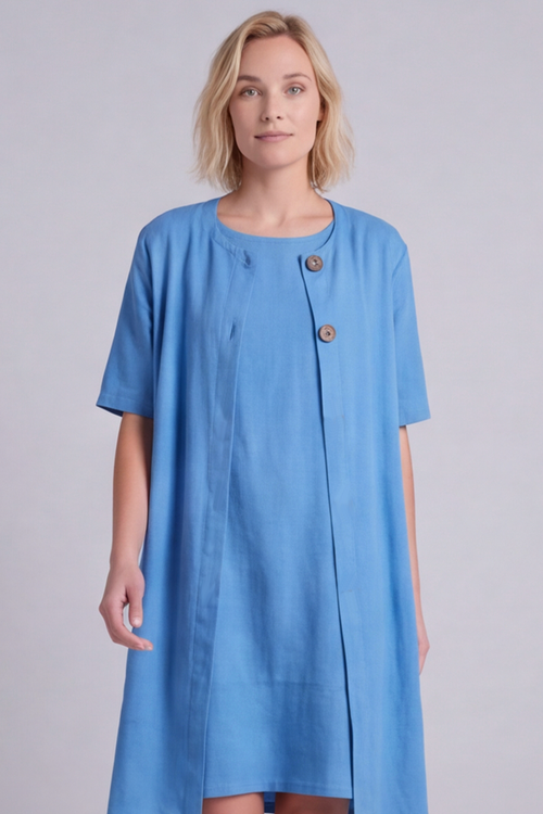 Pauline Linen 2 Piece Cardigan and Dress Set Blue
