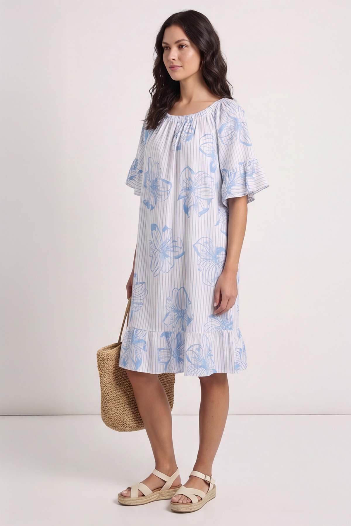 Fabiola Print Bardot Tunic Powder Blue