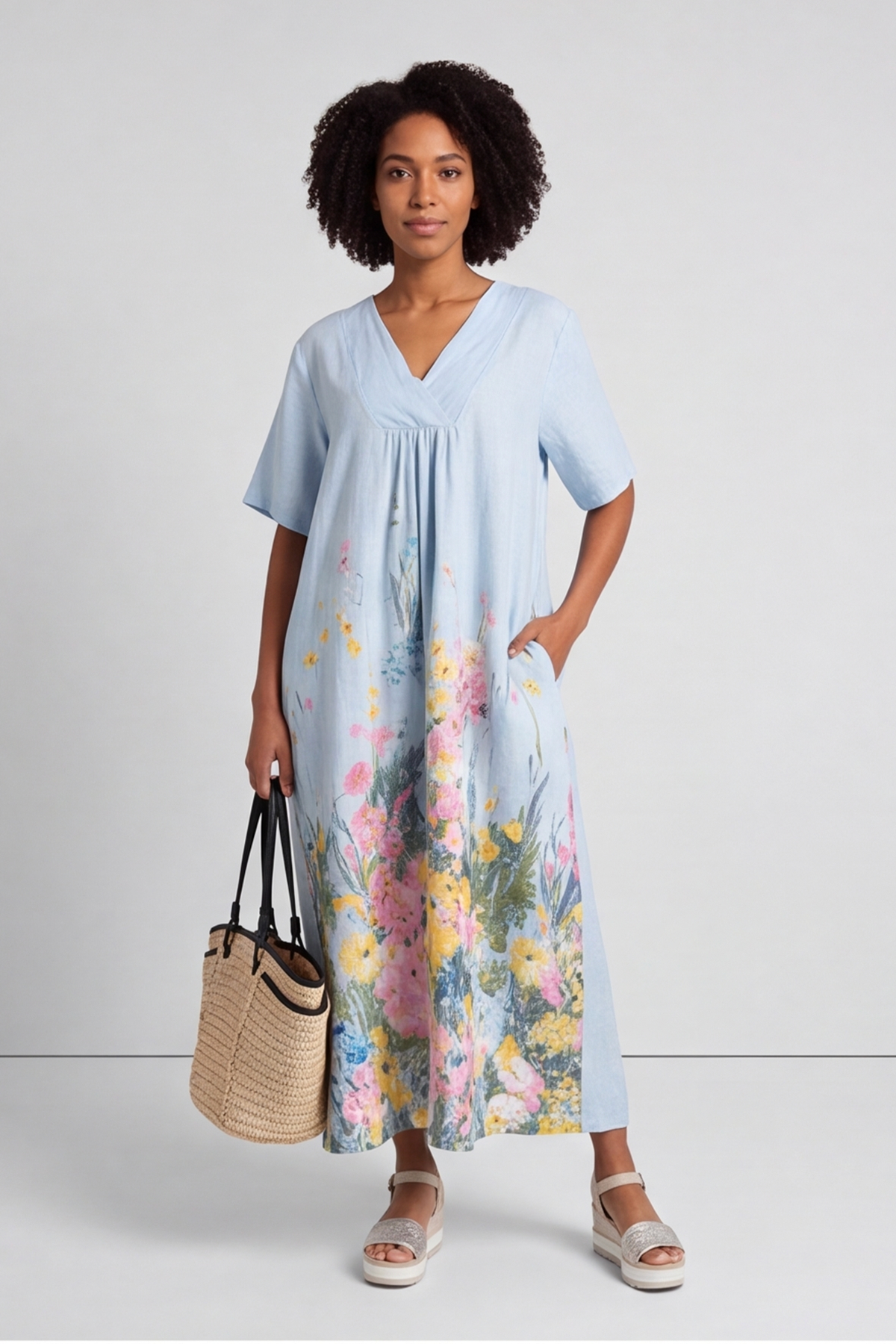Whitstable V Neck Blue Floral Linen Dress