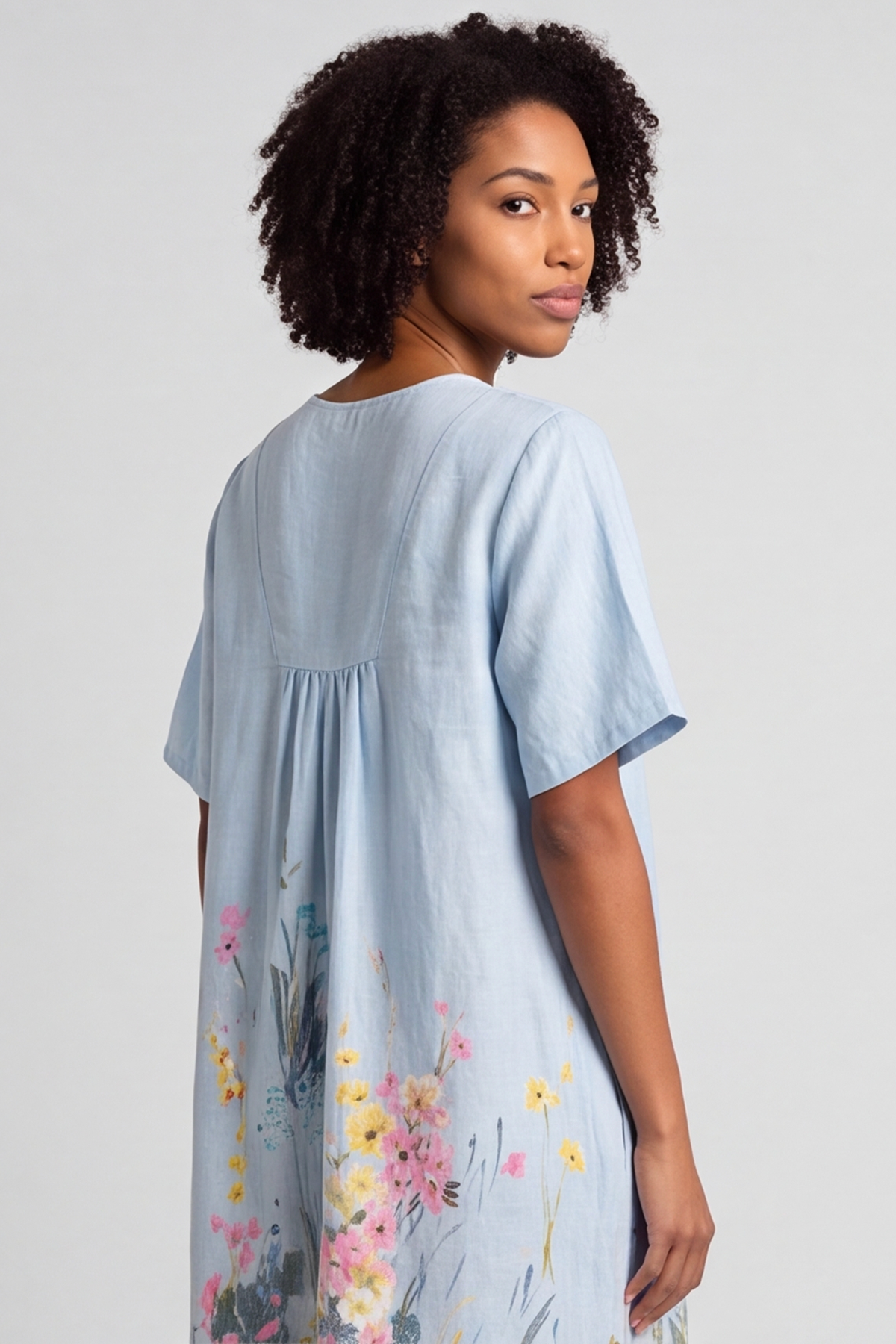 Whitstable V Neck Blue Floral Linen Dress