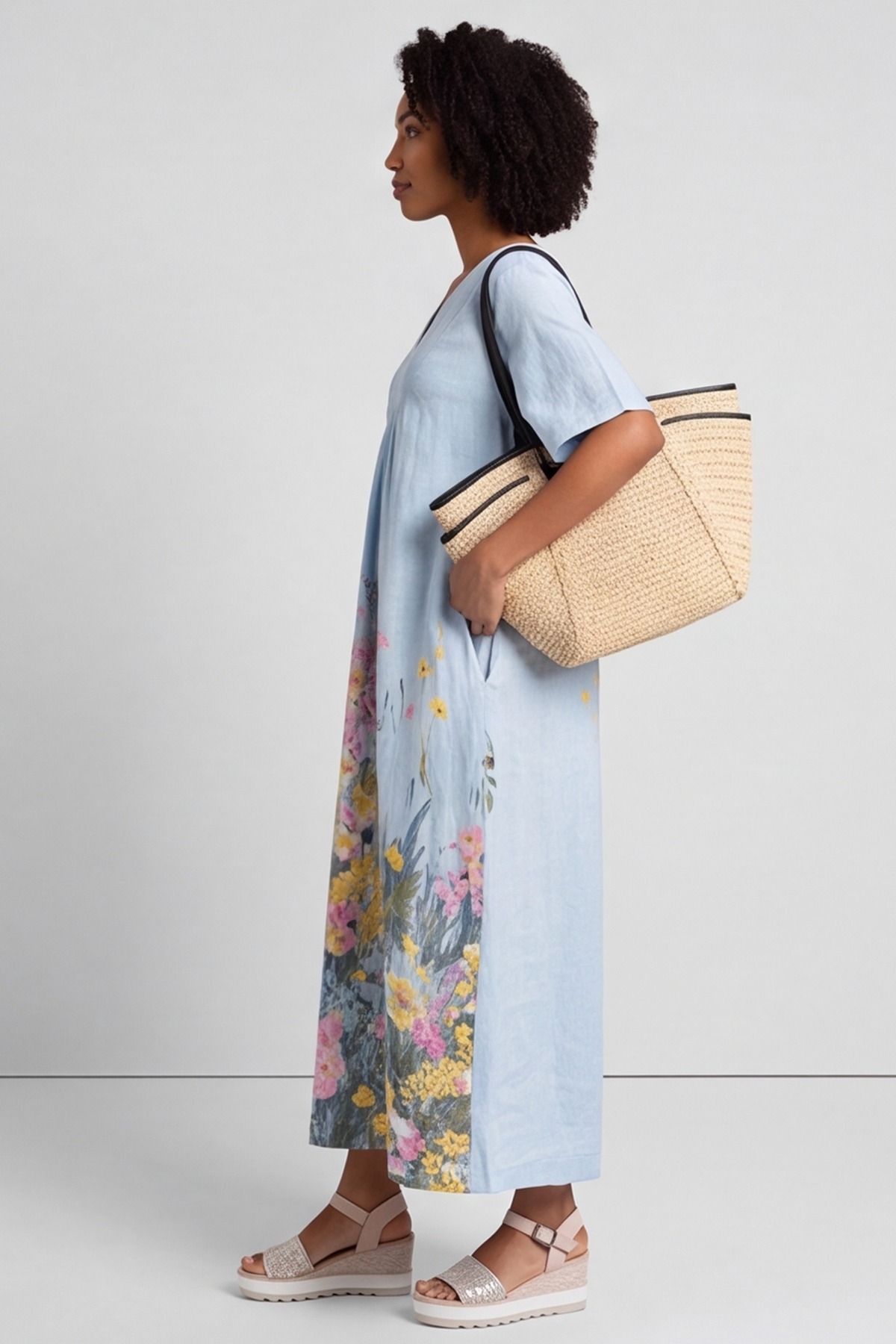 Whitstable V Neck Blue Floral Linen Dress