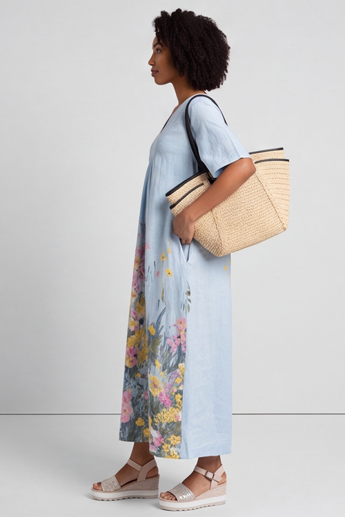 Whitstable V Neck Blue Floral Linen Dress - Image 6