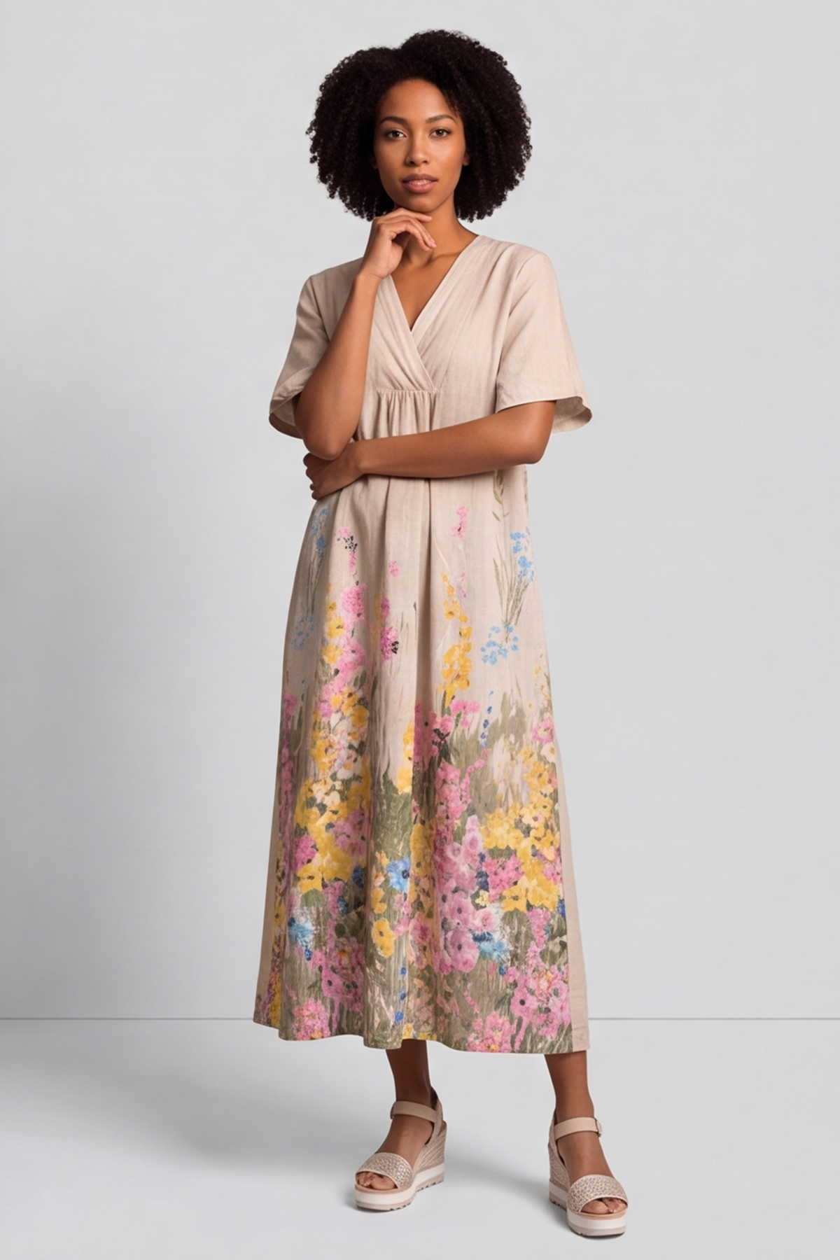 Whitstable V Neck Stone Floral Linen Dress