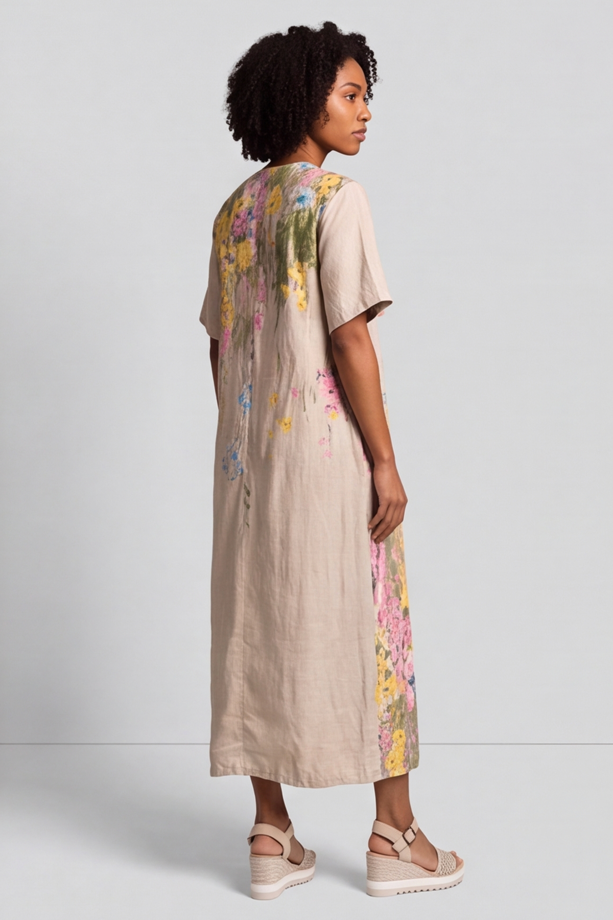 Whitstable V Neck Stone Floral Linen Dress