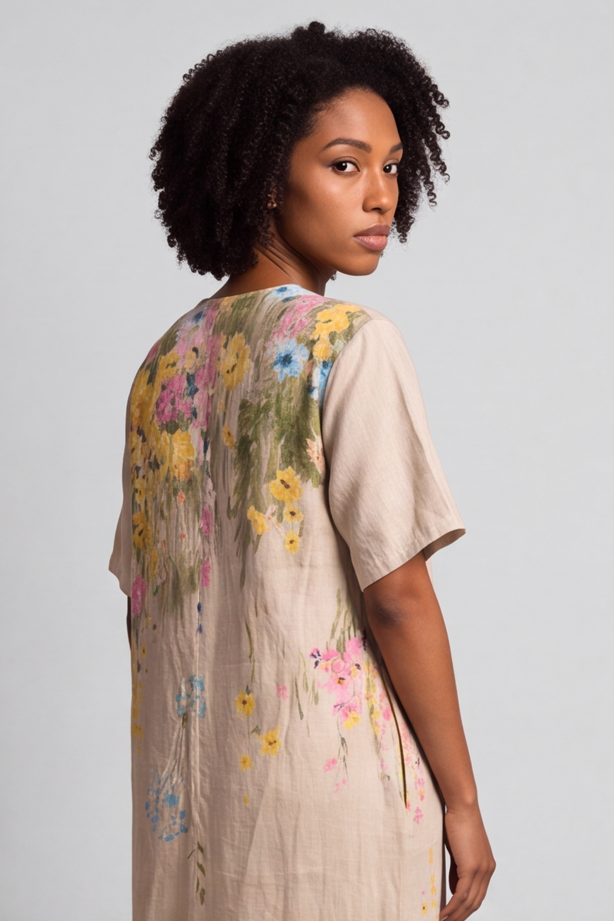 Whitstable V Neck Stone Floral Linen Dress
