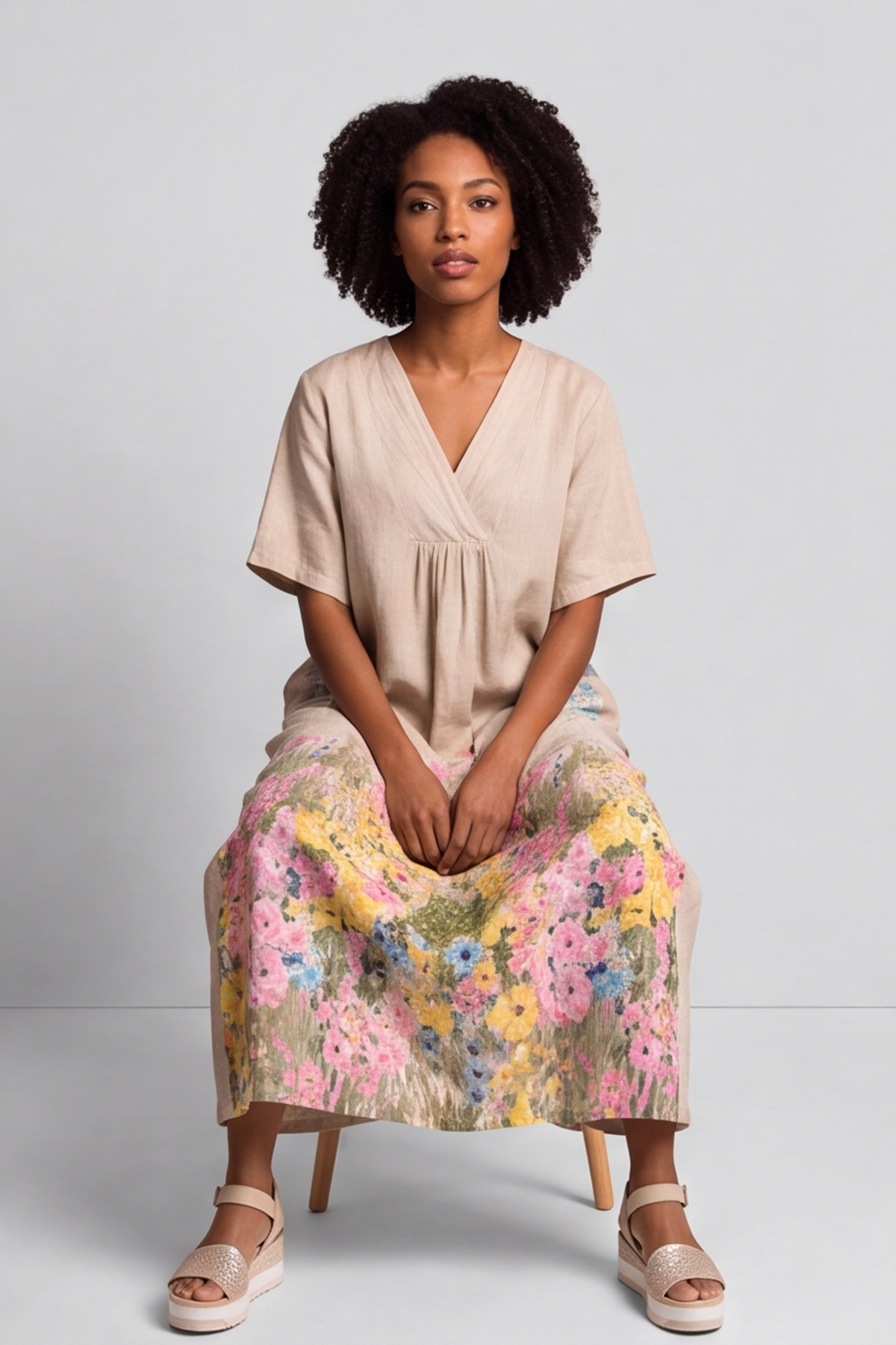 Whitstable V Neck Stone Floral Linen Dress