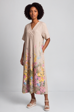 Whitstable V Neck Stone Floral Linen Dress Stone - Whitstable V Neck Stone Floral Linen Dress