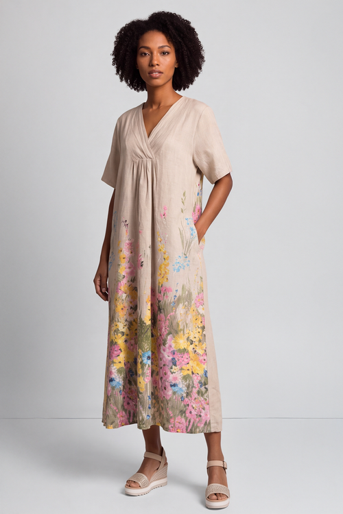 Whitstable V Neck Stone Floral Linen Dress - Image 1