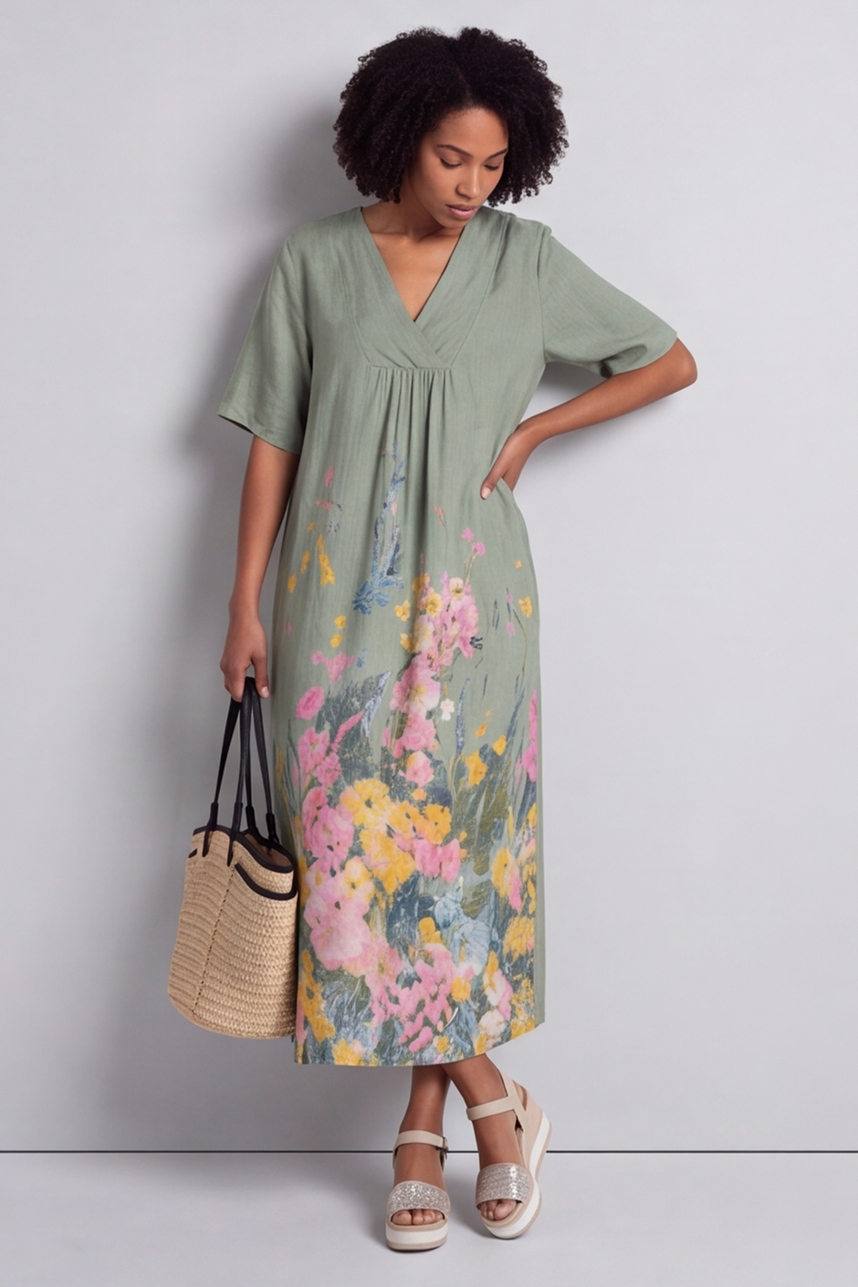Whitstable V Neck Sage Floral Linen Dress