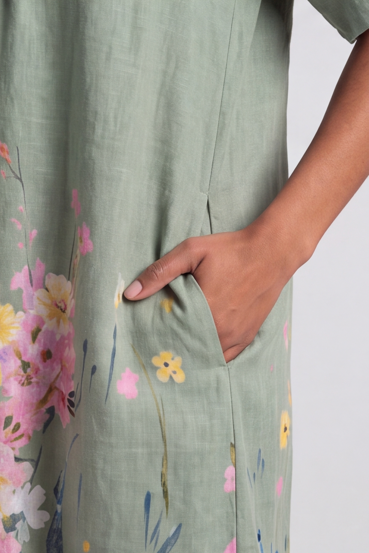Whitstable V Neck Sage Floral Linen Dress