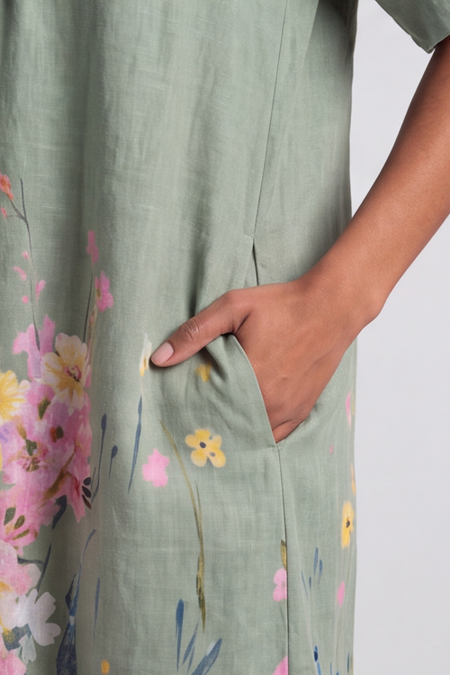 Whitstable V Neck Sage Floral Linen Dress - Image 4