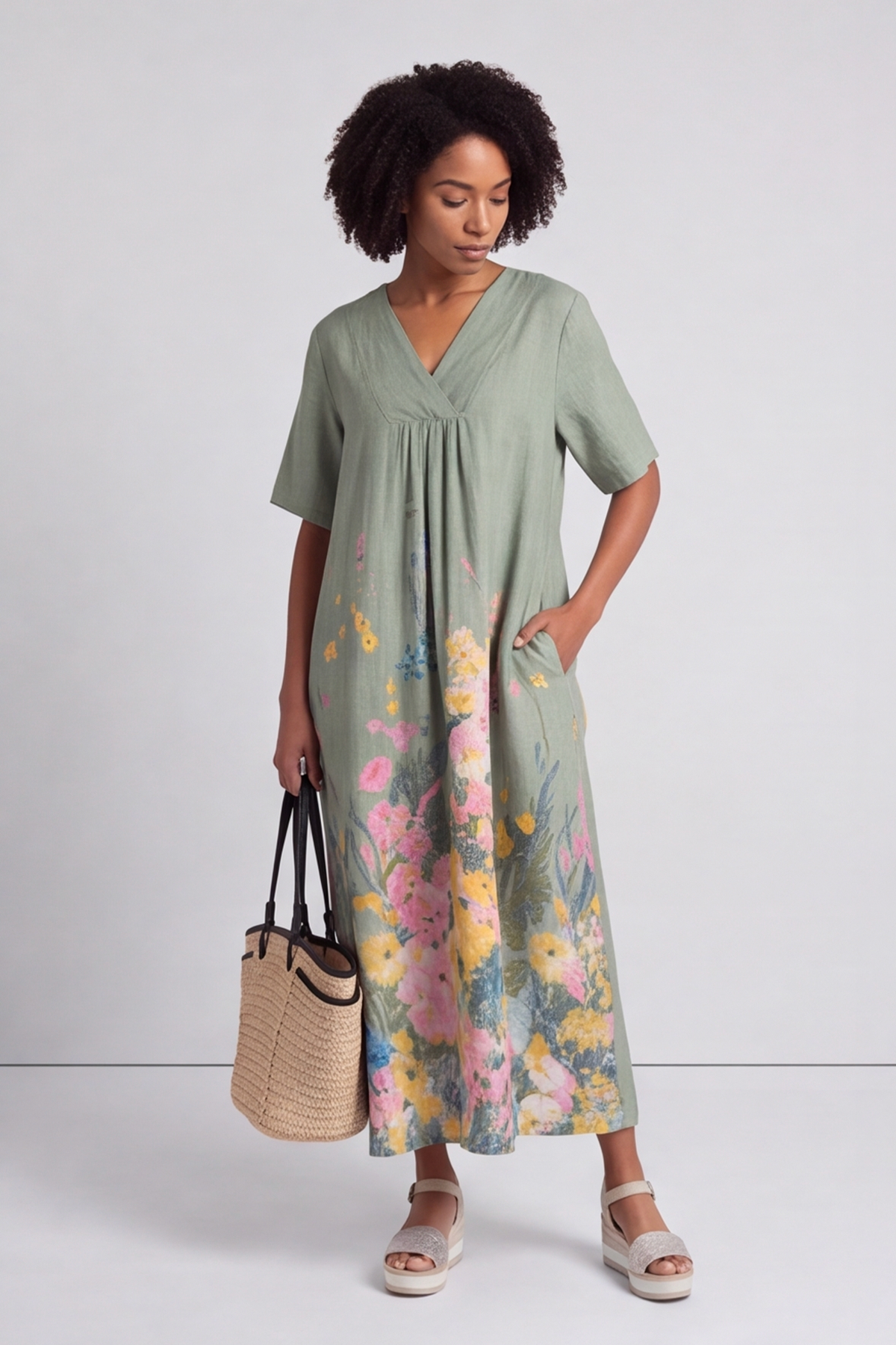 Whitstable V Neck Sage Floral Linen Dress