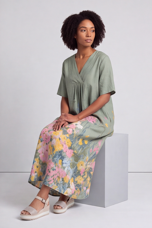 Whitstable V Neck Sage Floral Linen Dress - Image 2