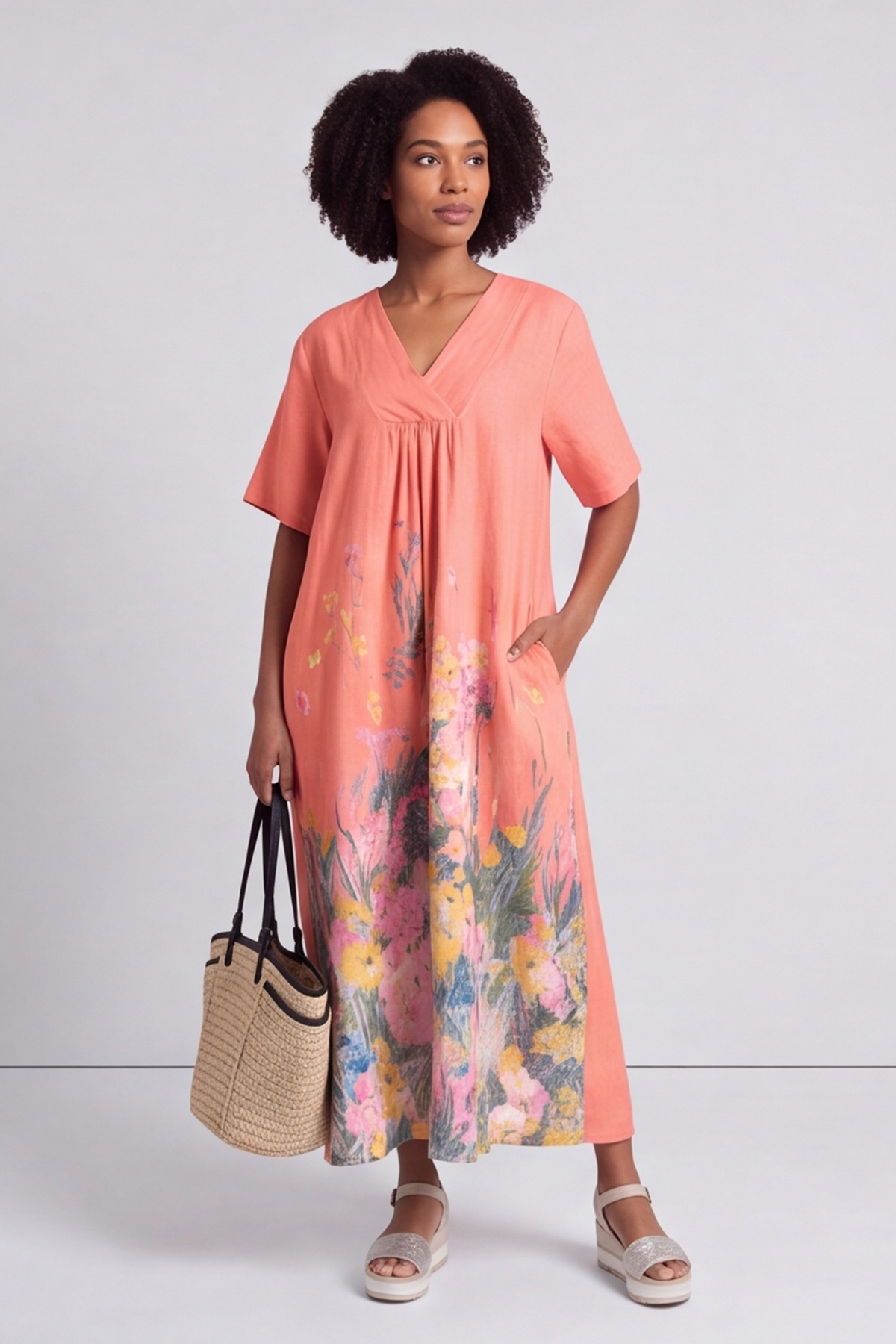 Whitstable V Neck Coral Floral Linen Dress