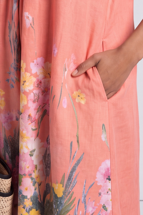 Whitstable V Neck Coral Floral Linen Dress - Image 7
