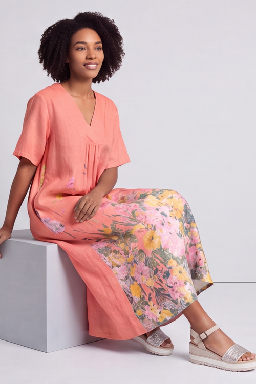 Whitstable V Neck Coral Floral Linen Dress - Image 6