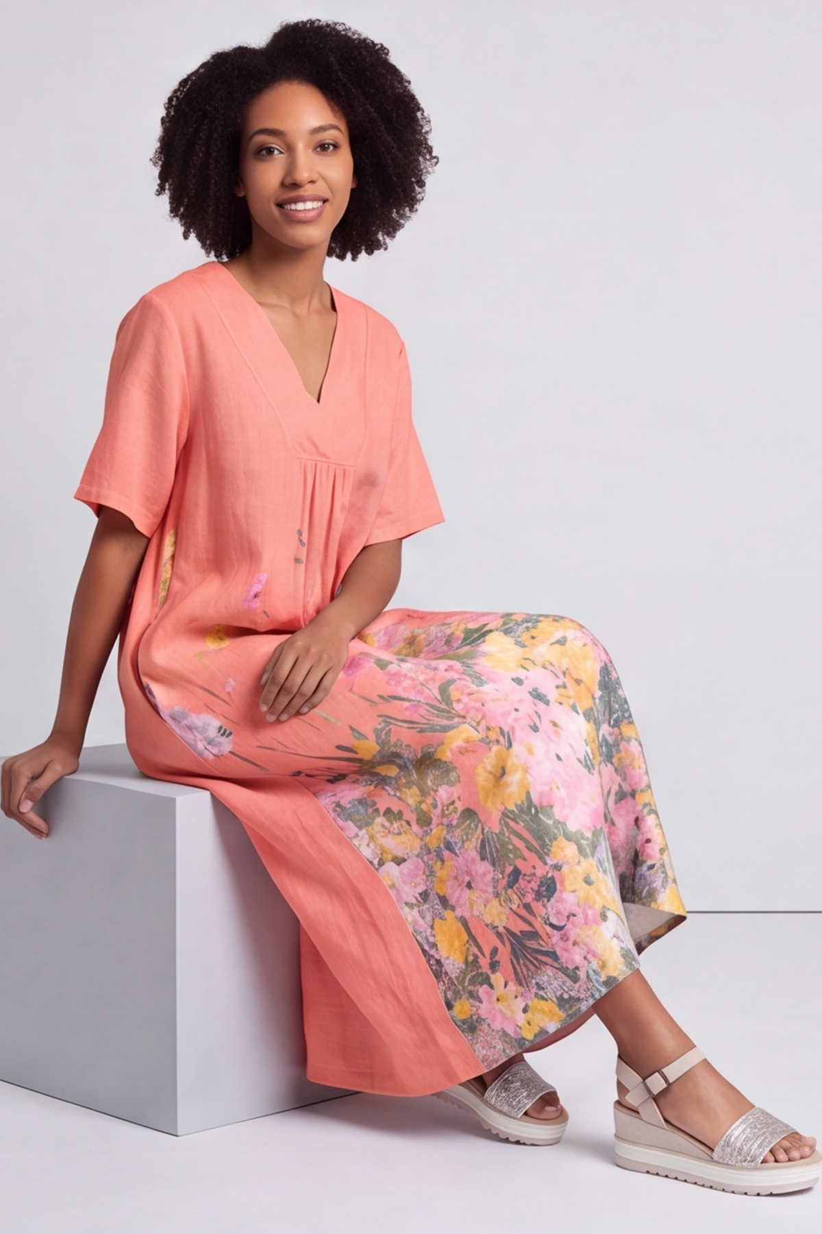 Whitstable V Neck Coral Floral Linen Dress