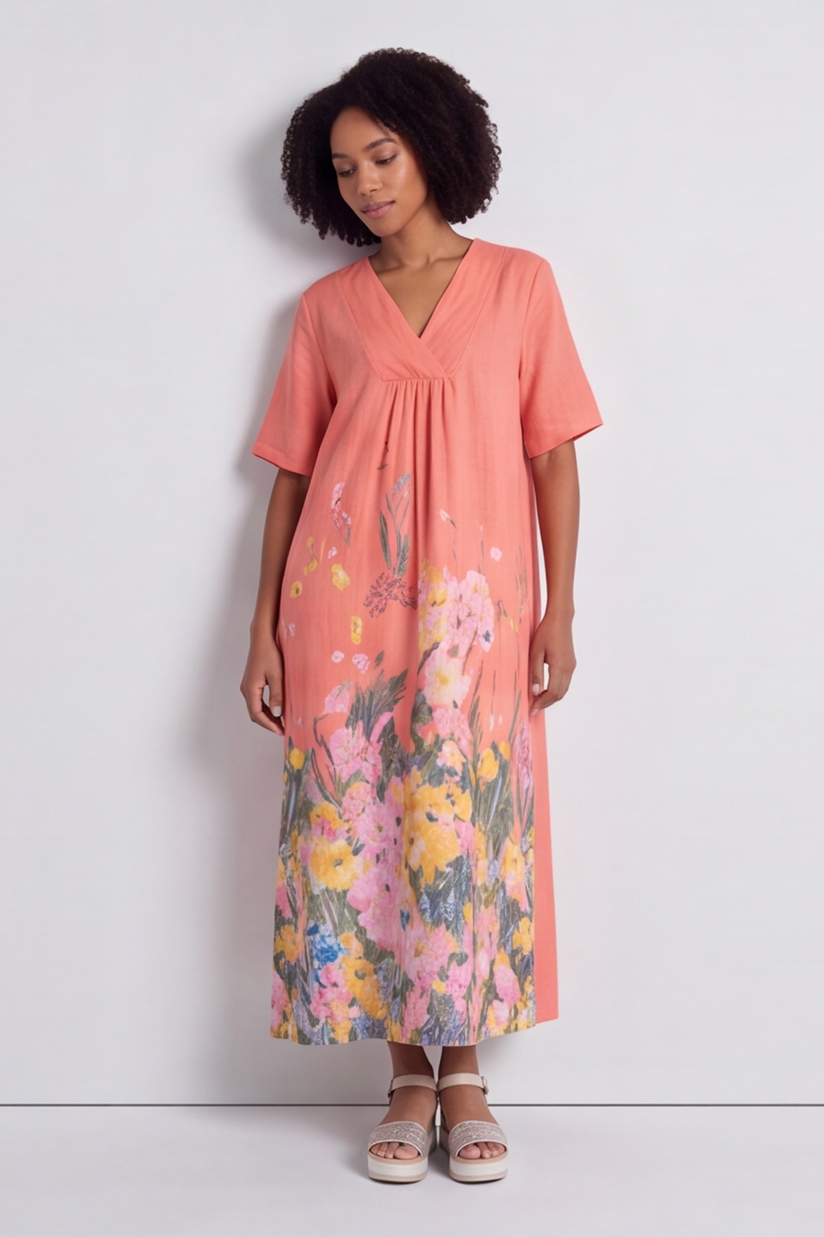 Whitstable V Neck Coral Floral Linen Dress
