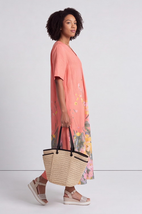 Whitstable V Neck Coral Floral Linen Dress - Image 4