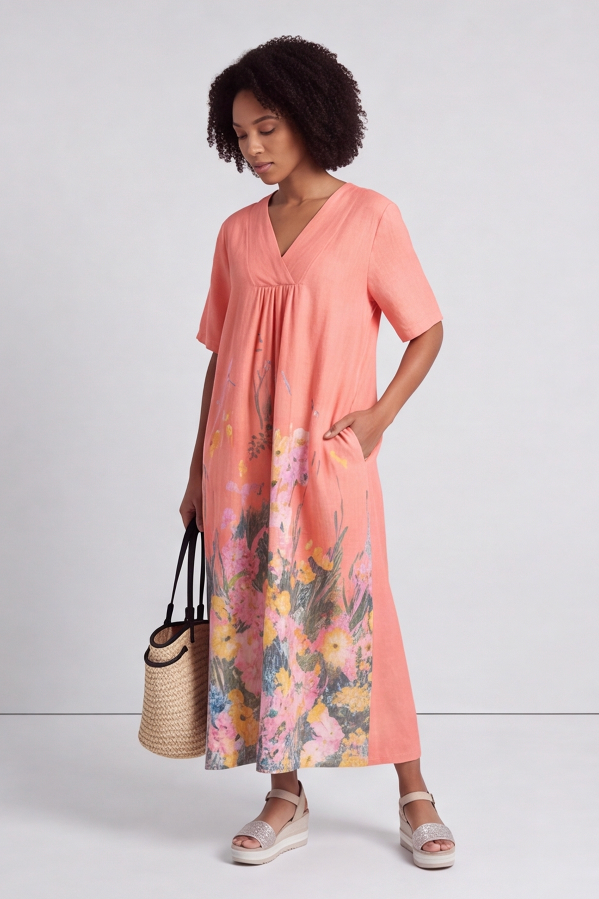 Whitstable V Neck Coral Floral Linen Dress
