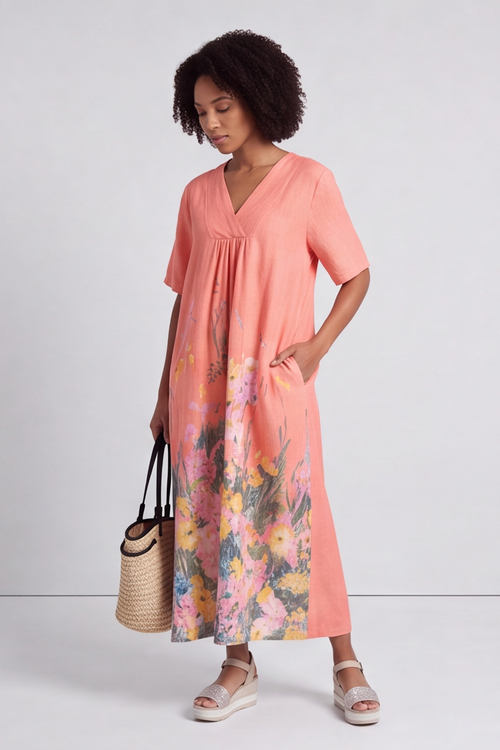 Whitstable V Neck Coral Floral Linen Dress - Image 3