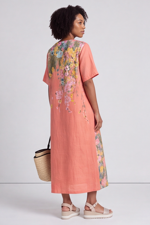 Whitstable V Neck Coral Floral Linen Dress - Image 2