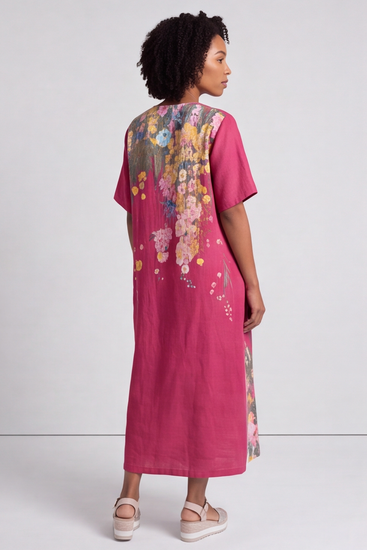 Whitstable V Neck Raspberry Floral Linen Dress