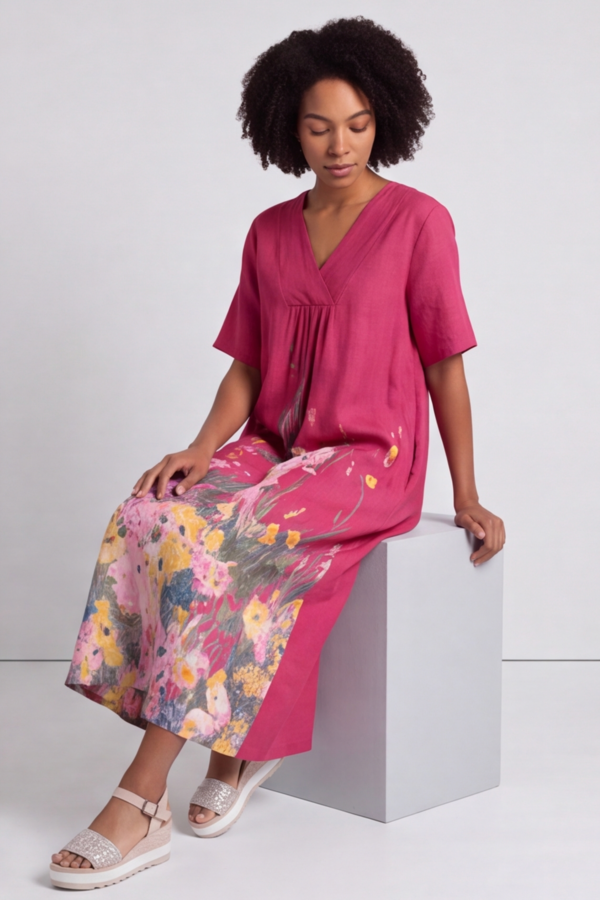 Whitstable V Neck Raspberry Floral Linen Dress