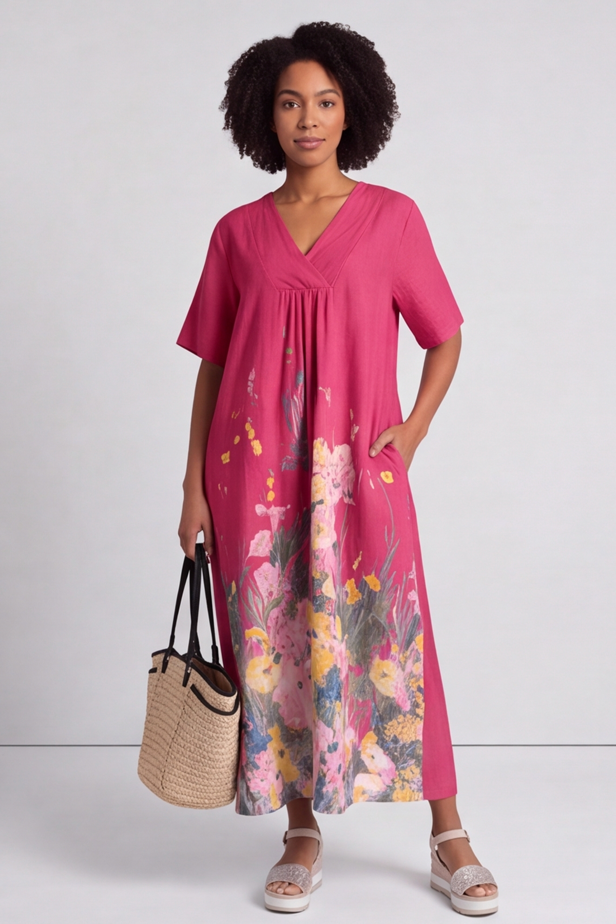 Whitstable V Neck Raspberry Floral Linen Dress