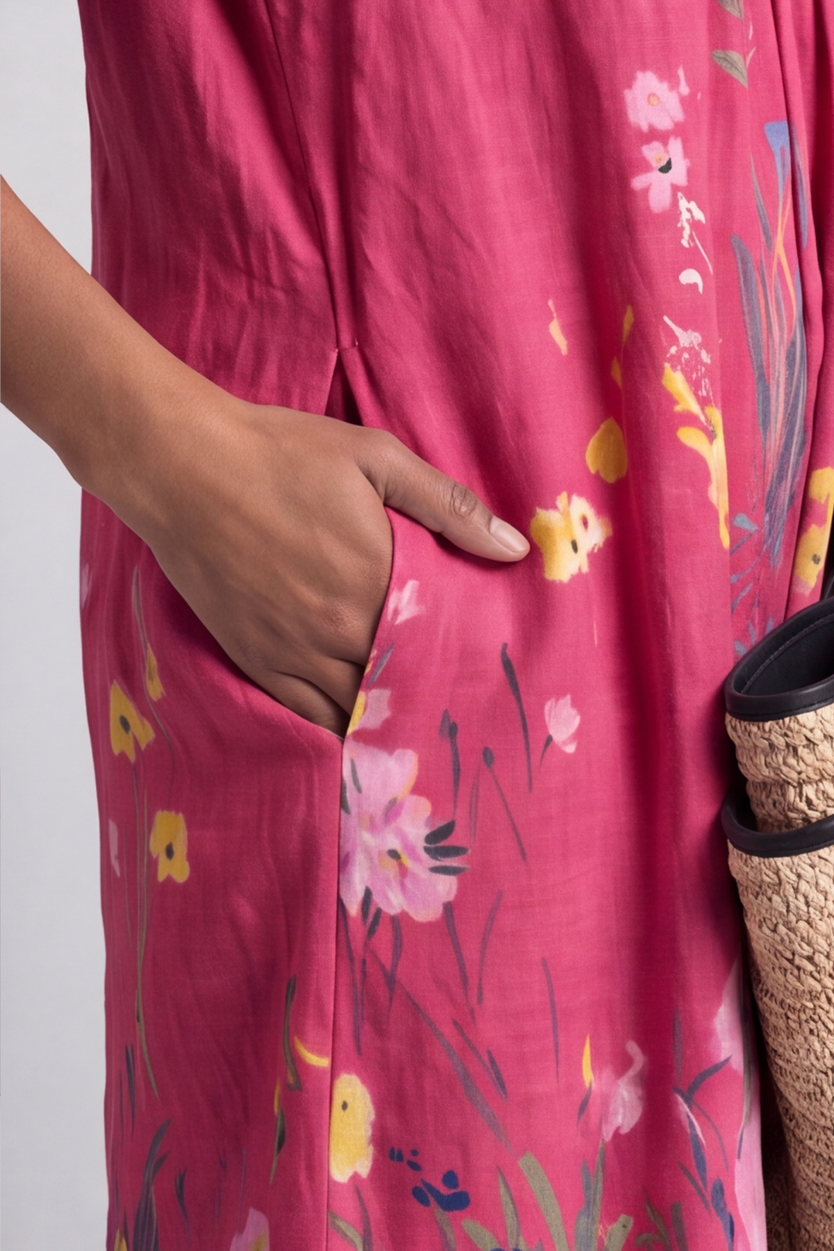 Whitstable V Neck Raspberry Floral Linen Dress