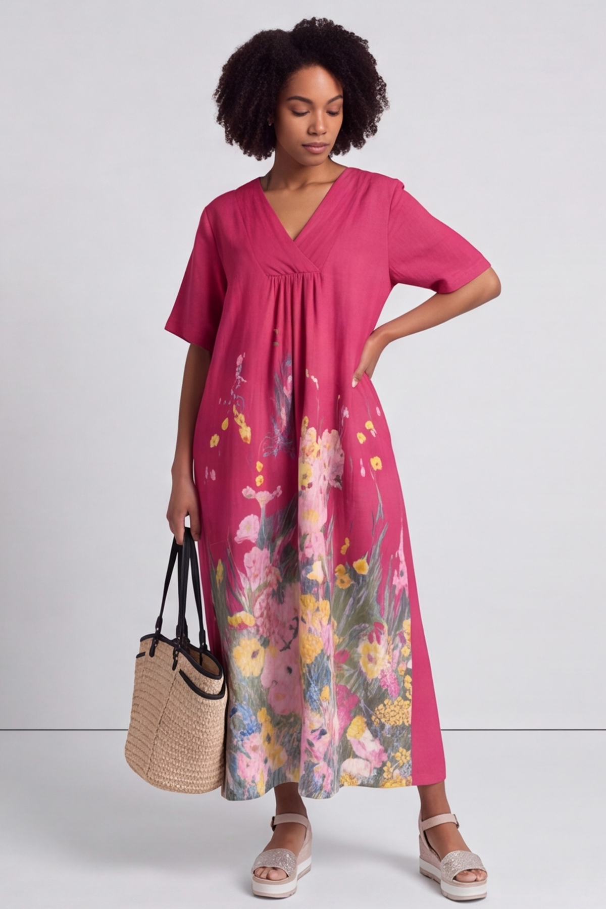 Whitstable V Neck Raspberry Floral Linen Dress