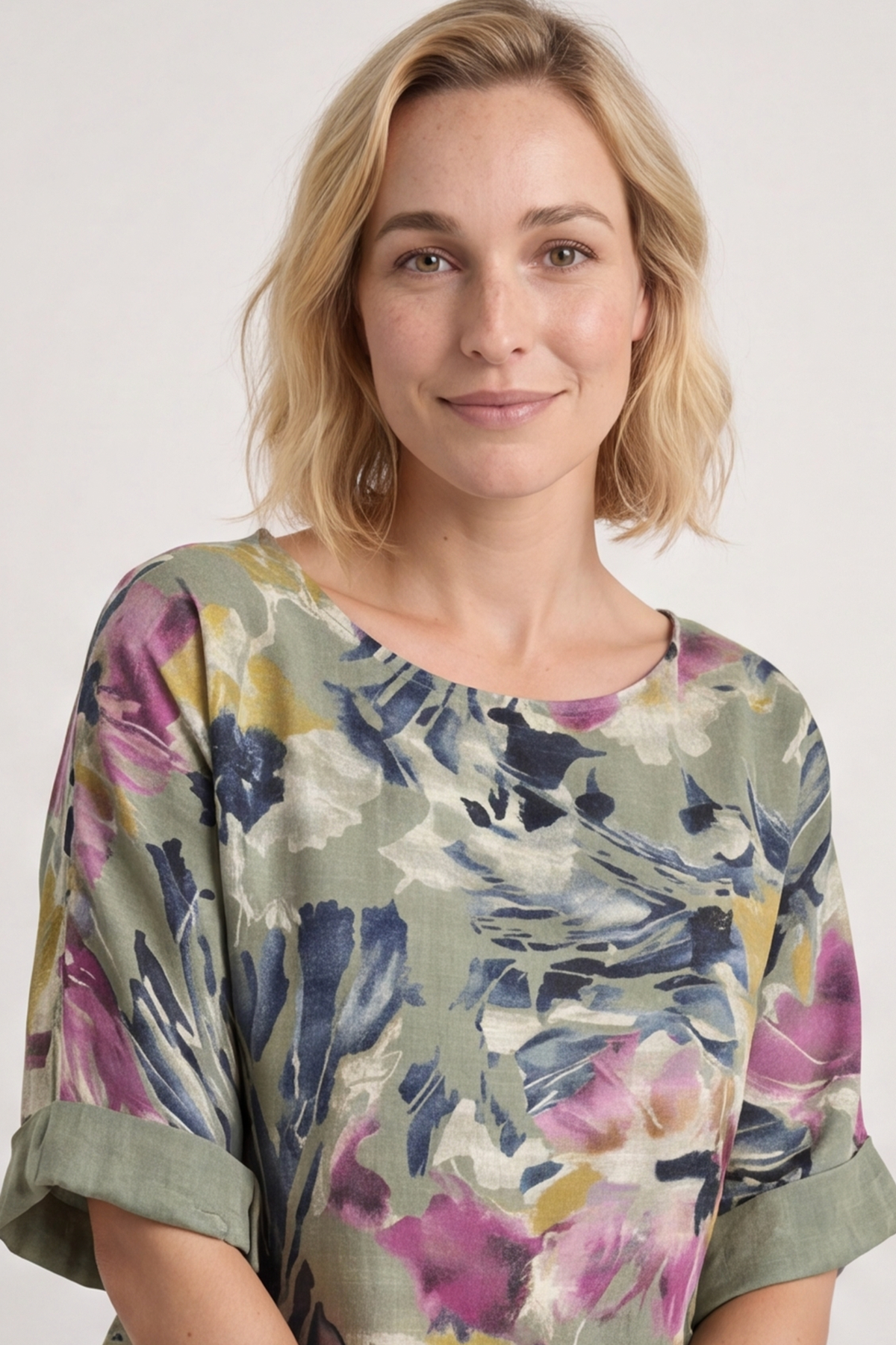 Vicki Floral Print Cotton Top Light Khaki