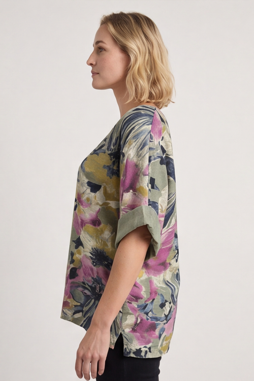 Vicki Floral Print Cotton Top Light Khaki - Image 4