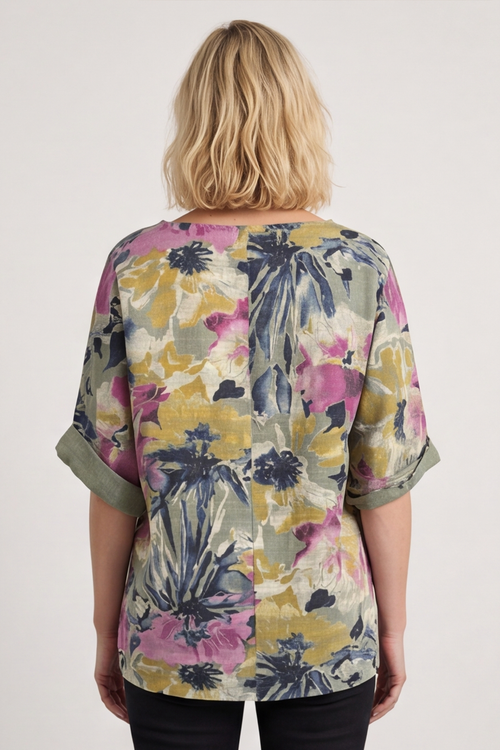 Vicki Floral Print Cotton Top Light Khaki - Image 5