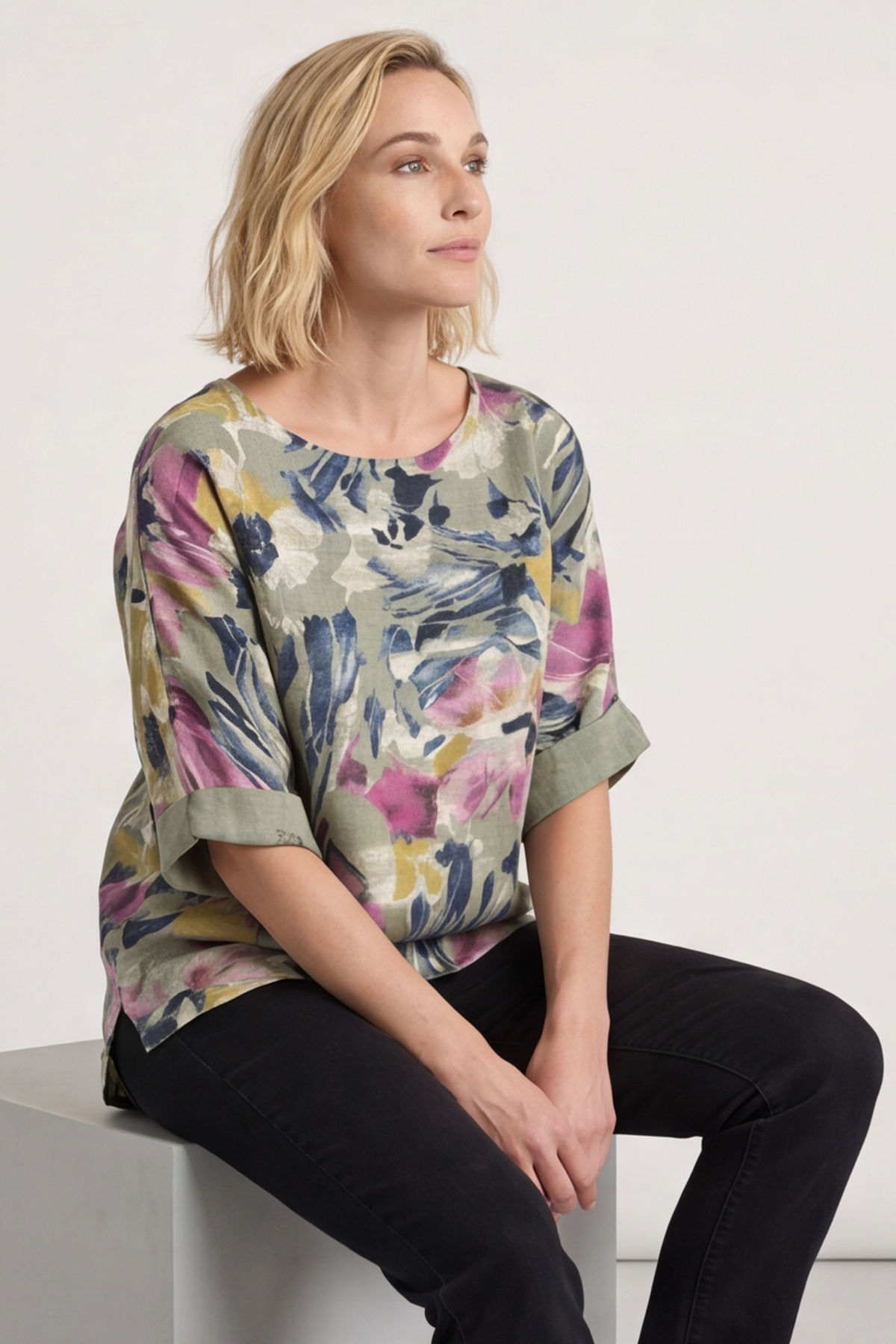 Vicki Floral Print Cotton Top Light Khaki