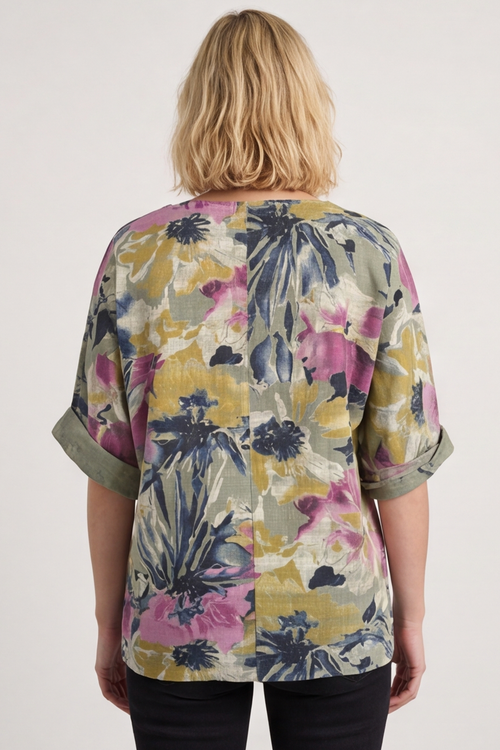 Vicki Floral Print Cotton Top Light Khaki - Image 3