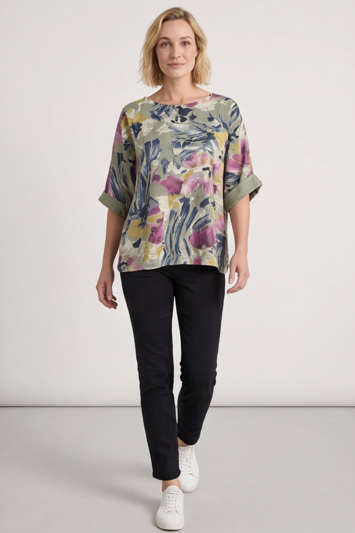 Vicki Floral Print Cotton Top Light Khaki