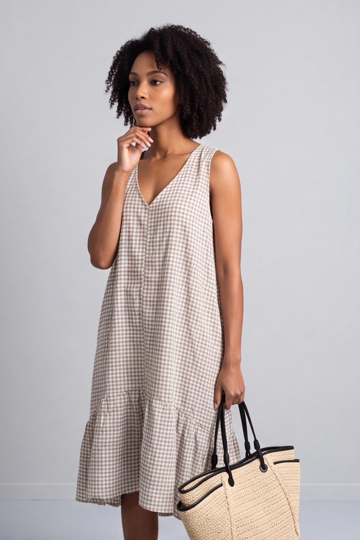 Imani Sleeveless Gingham Cocoa Dress