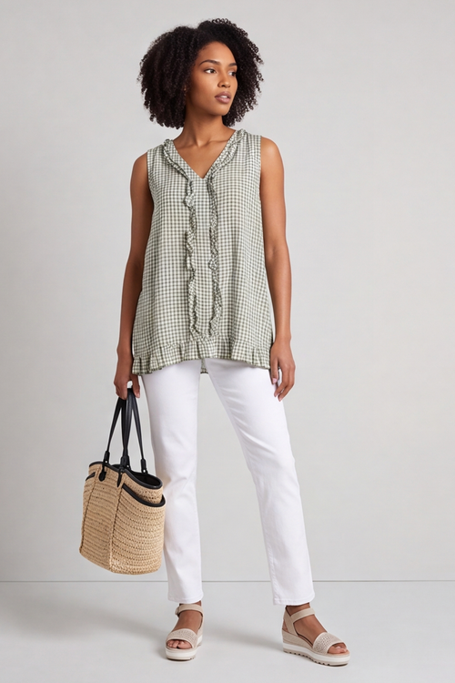 Astrid Gingham Vest Top Khaki - Image 4