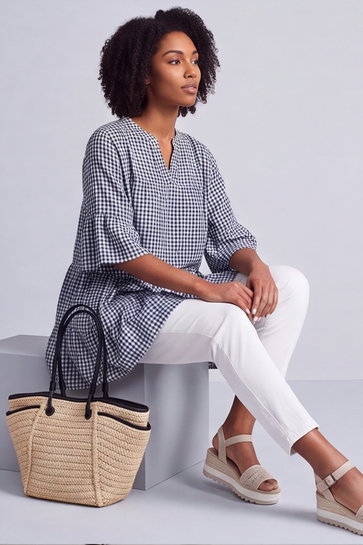 Aurelia Gingham Cotton Top Navy
