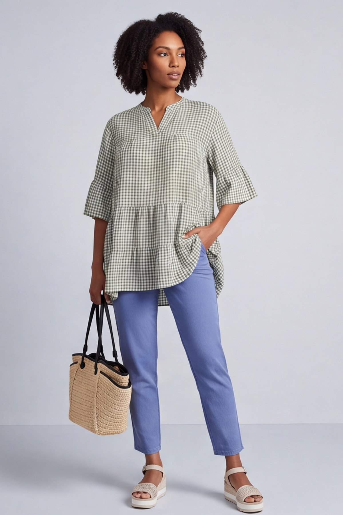 Aurelia Gingham Cotton Top Khaki