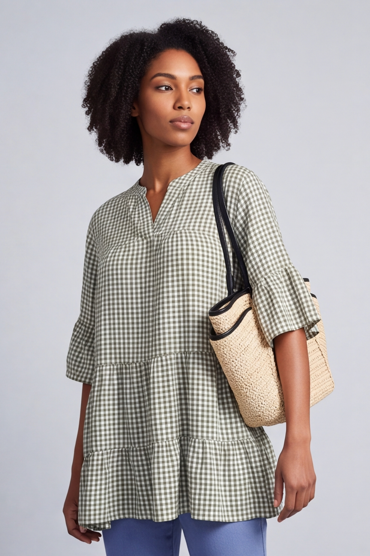 Aurelia Gingham Cotton Top Khaki