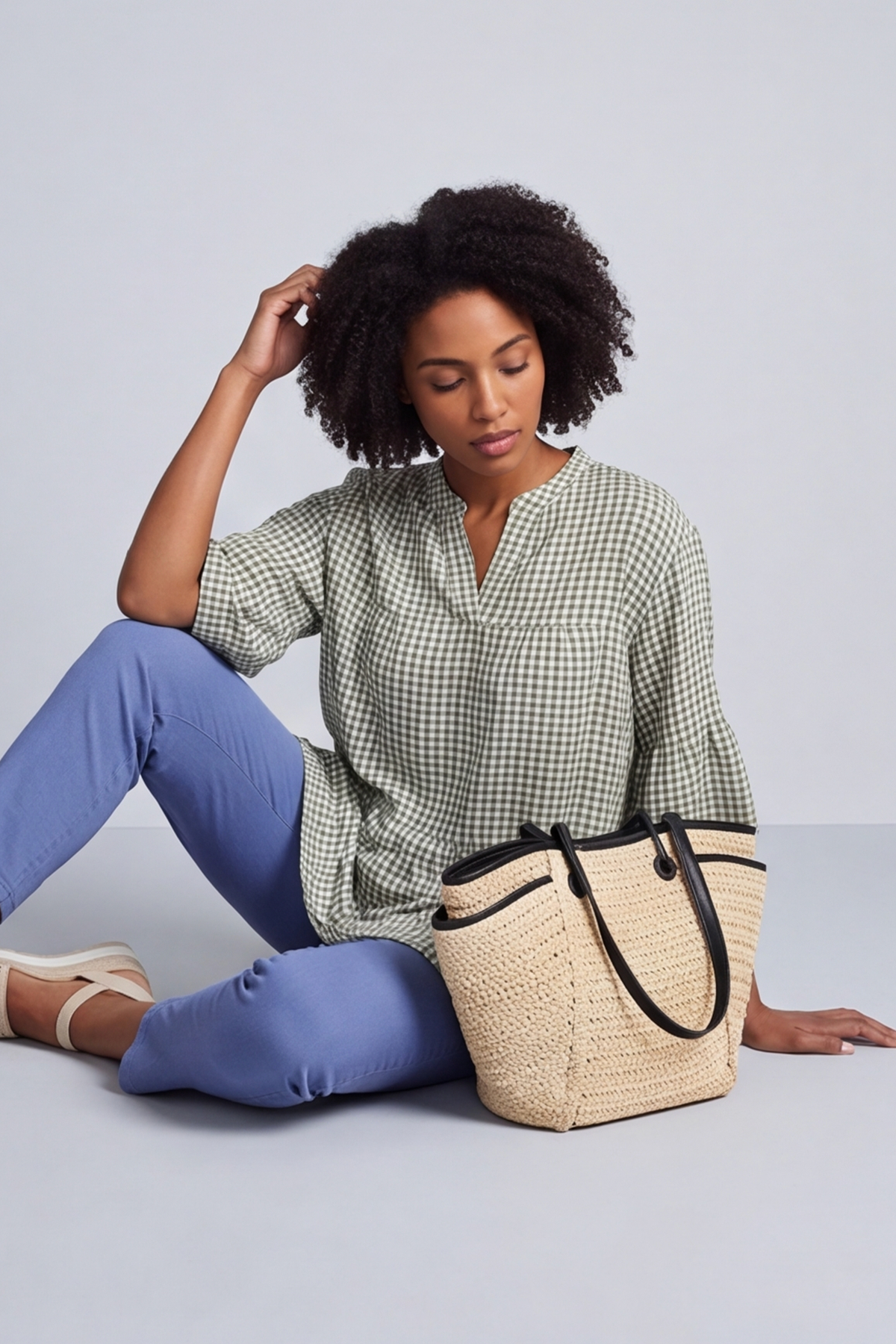 Aurelia Gingham Cotton Top Khaki
