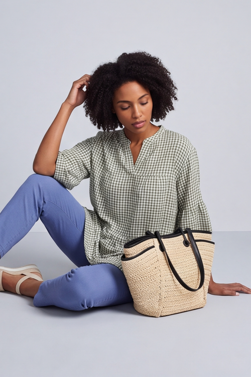 Aurelia Gingham Cotton Top Khaki - Image 4