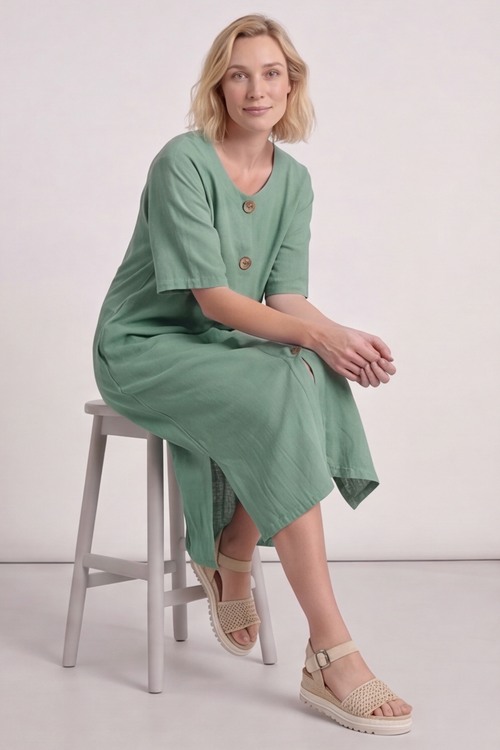 Pauline Linen 2 Piece Cardigan and Dress Set Green - Image 6