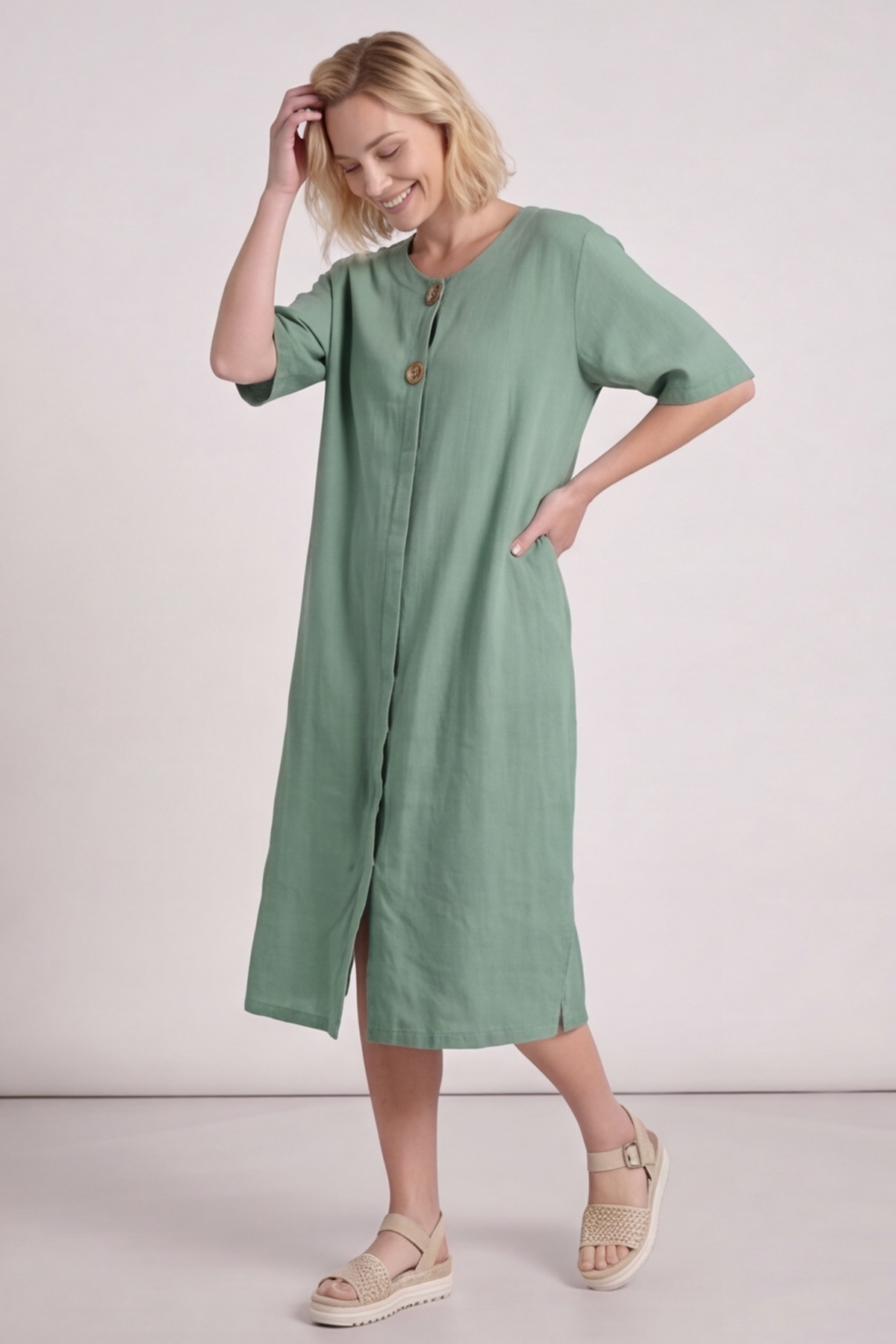 Pauline Linen 2 Piece Cardigan and Dress Set Green