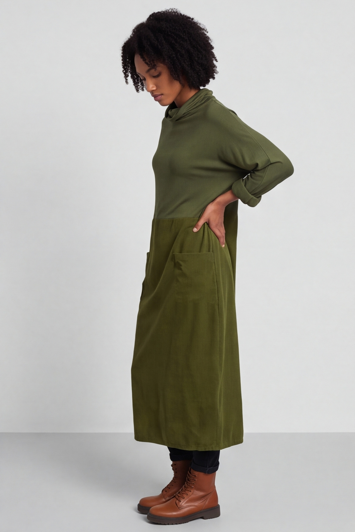 Libby Cowl Neck Cotton Dress Olive