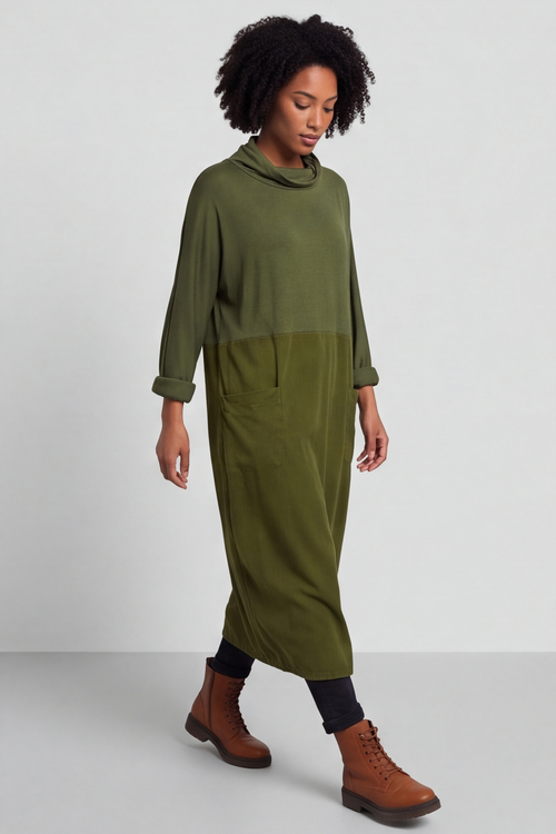 Libby Cowl Neck Cotton Dress Olive - Image 2